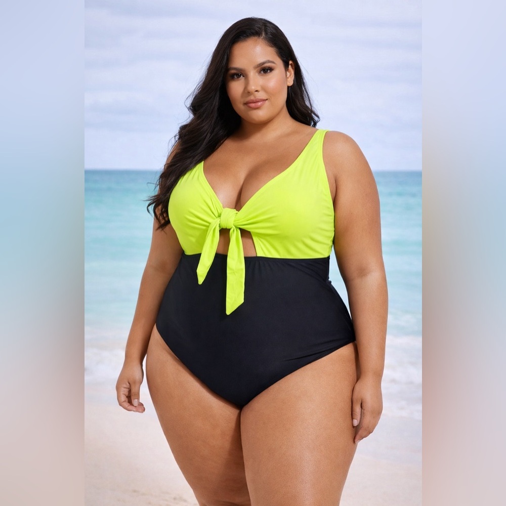 HYBRID NWT Swimwear Plus Size 1X Neon Green & Black Tie Front One-Piece Swimsuit